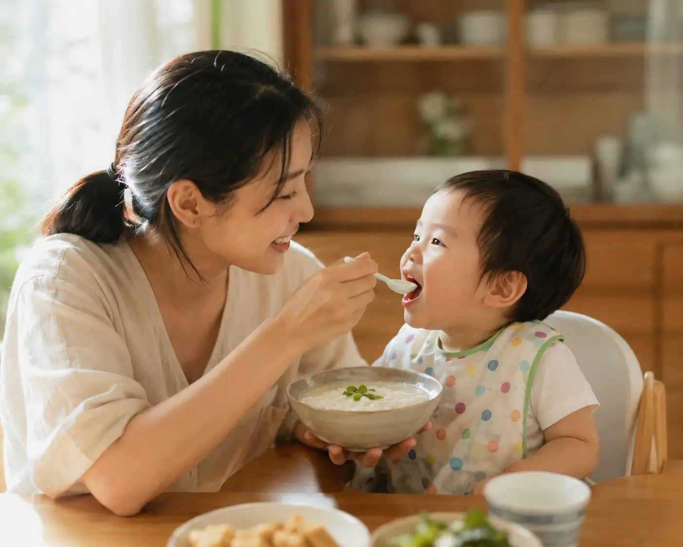 แม่ไทยป้อนโจ๊กเนื้อนุ่มให้ลูกวัยเตาะแตะที่โต๊ะอาหารในบ้าน