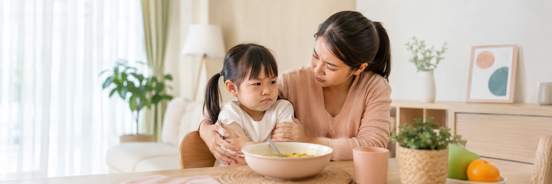 แม่ไทยนั่งอยู่กับลูกที่โต๊ะอาหารอย่างใจเย็น ขณะลูกยังไม่อยากกิน