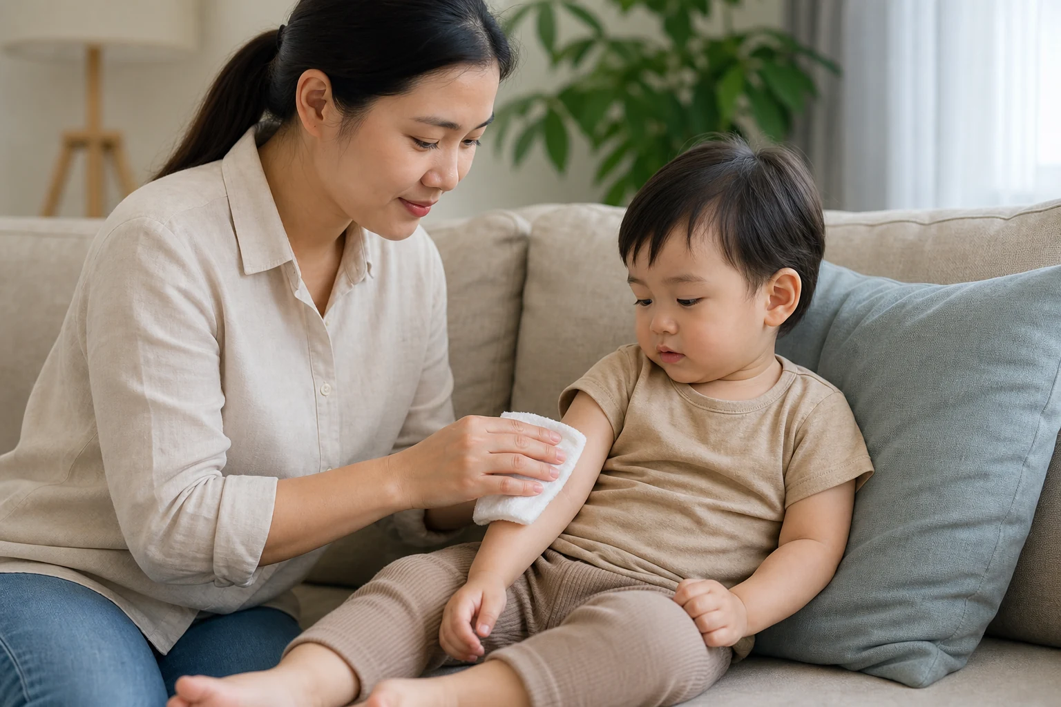 คุณแม่กำลังใช้ผ้าสะอาดชุบน้ำหมาดประคบบริเวณแขนของลูกอย่างอ่อนโยน