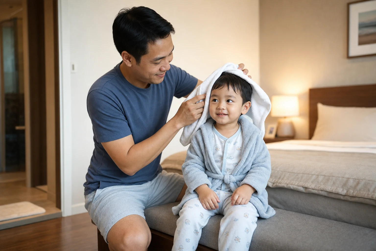 พ่อไทยกำลังใช้ผ้าขนหนูนุ่มซับตัวลูกเบา ๆ หลังอาบน้ำ