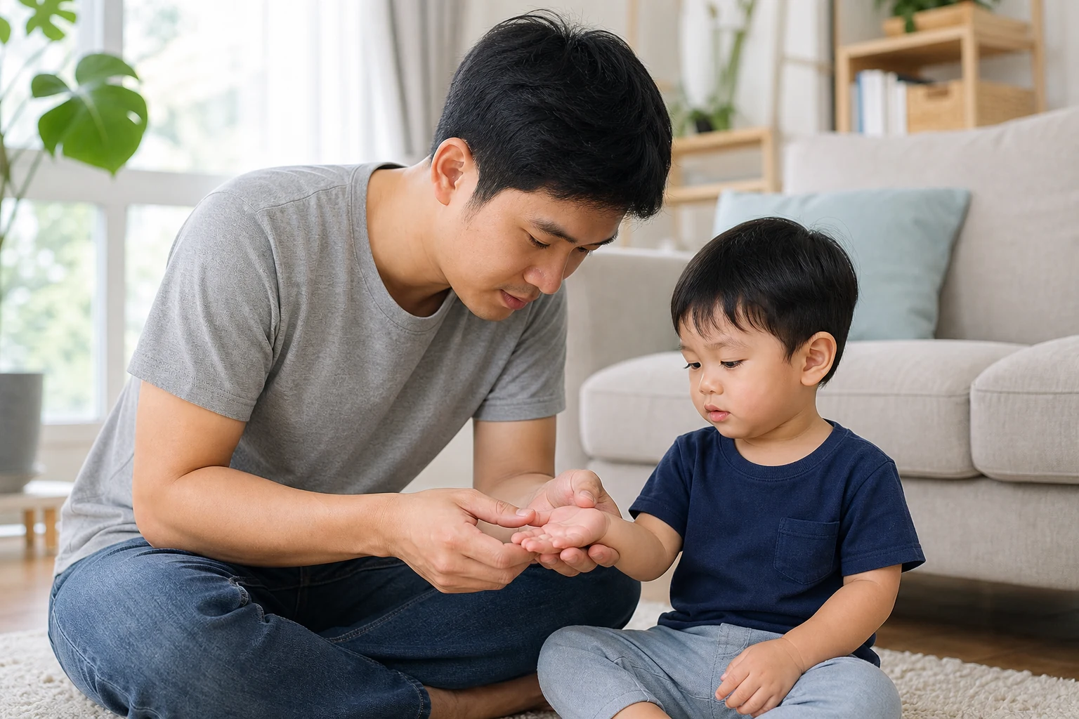พ่อไทยกำลังตรวจดูผื่นที่มือของลูกวัยเตาะแตะอย่างใจเย็น