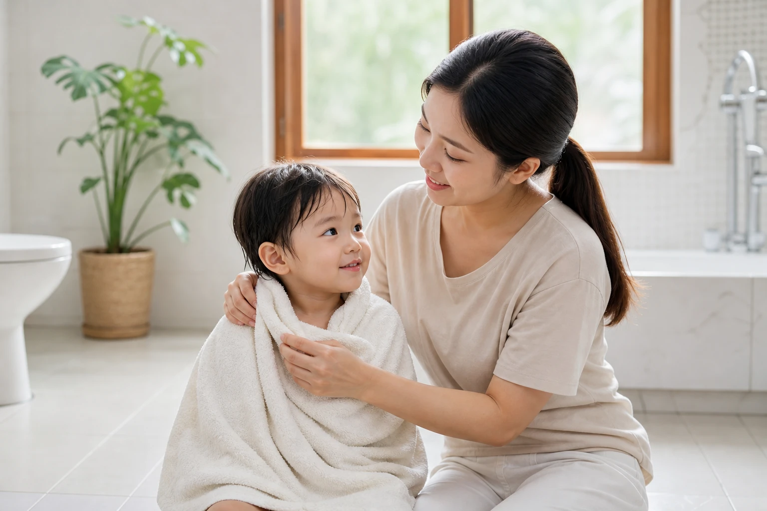 คุณแม่กำลังใช้ผ้าขนหนูซับตัวและห่อตัวลูกหลังอาบน้ำ