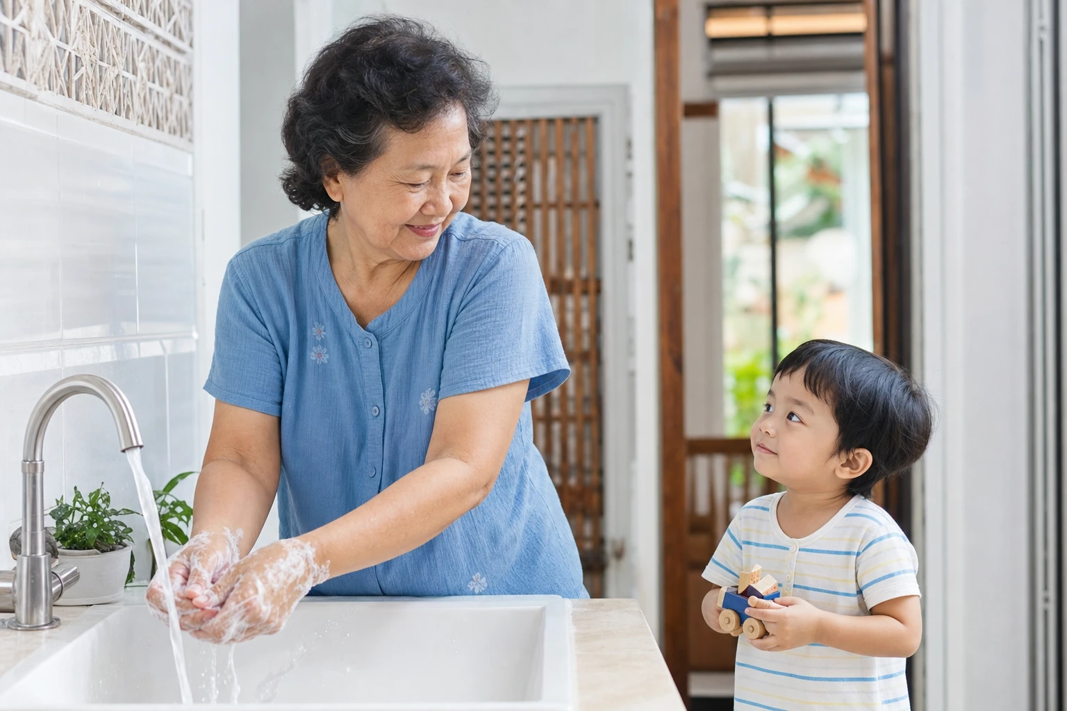 คุณยายกำลังล้างมือ โดยมีหลานยืนดูอยู่ข้าง ๆ