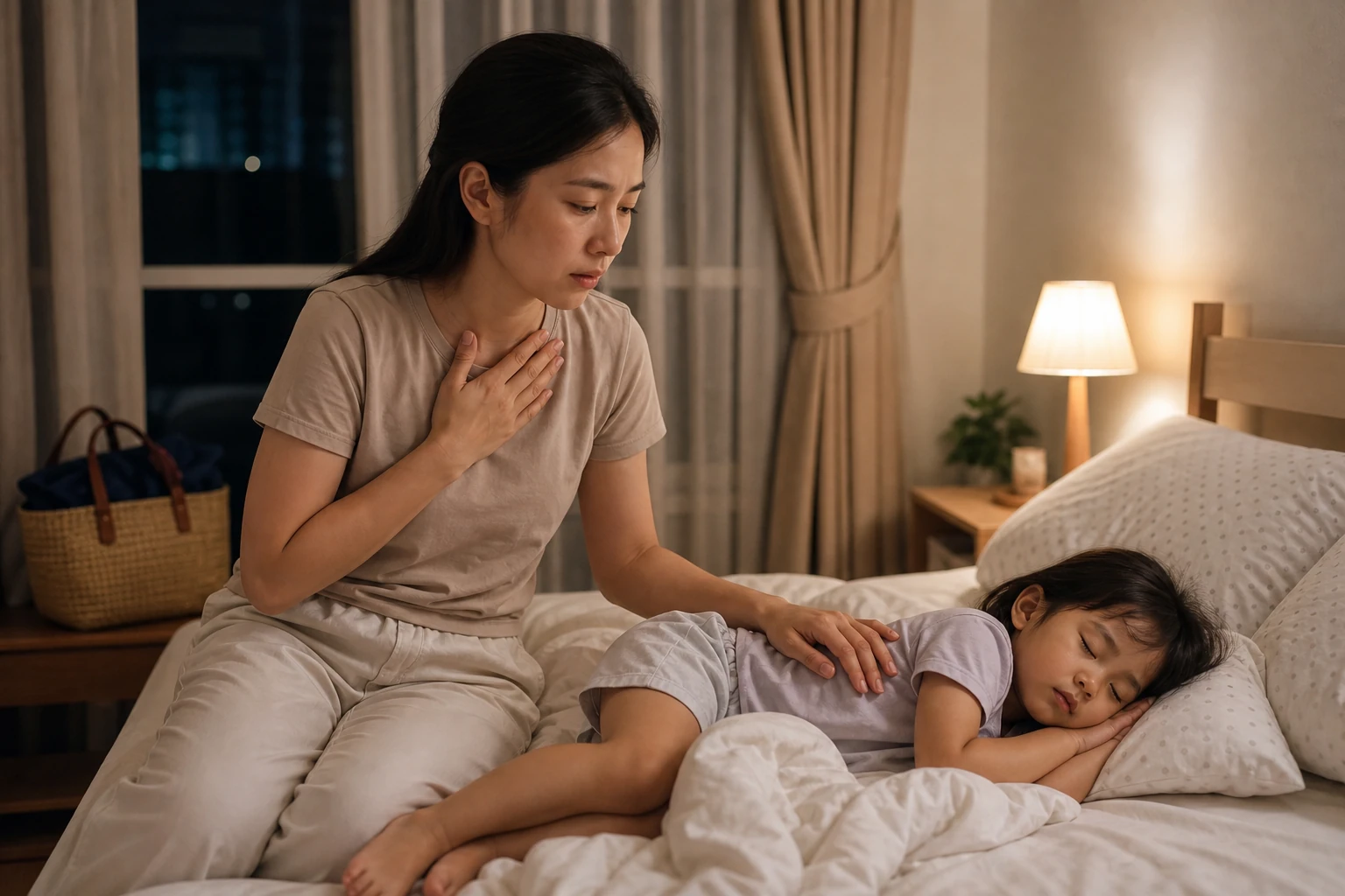 แม่ชาวไทยนั่งบนเตียงข้างลูกที่นอนพัก หลับตาสูดหายใจสงบสติ