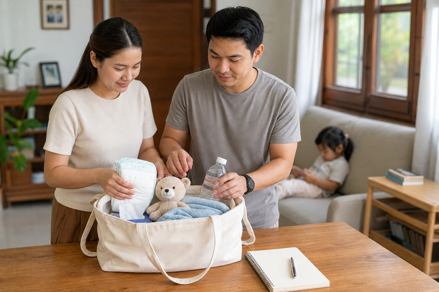พ่อแม่ชาวไทยกำลังเตรียมข้อมูลและของใช้ก่อนพาลูกไปโรงพยาบาล