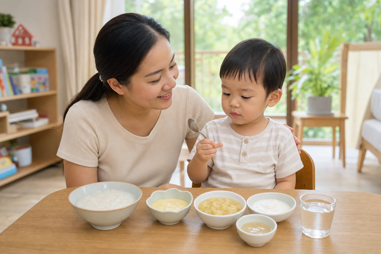 คุณแม่ไทยกำลังช่วยลูกวัยเตาะแตะกินอาหารอ่อนที่บ้าน ระหว่างค่อย ๆ กลับเข้ากิจวัตรการกิน