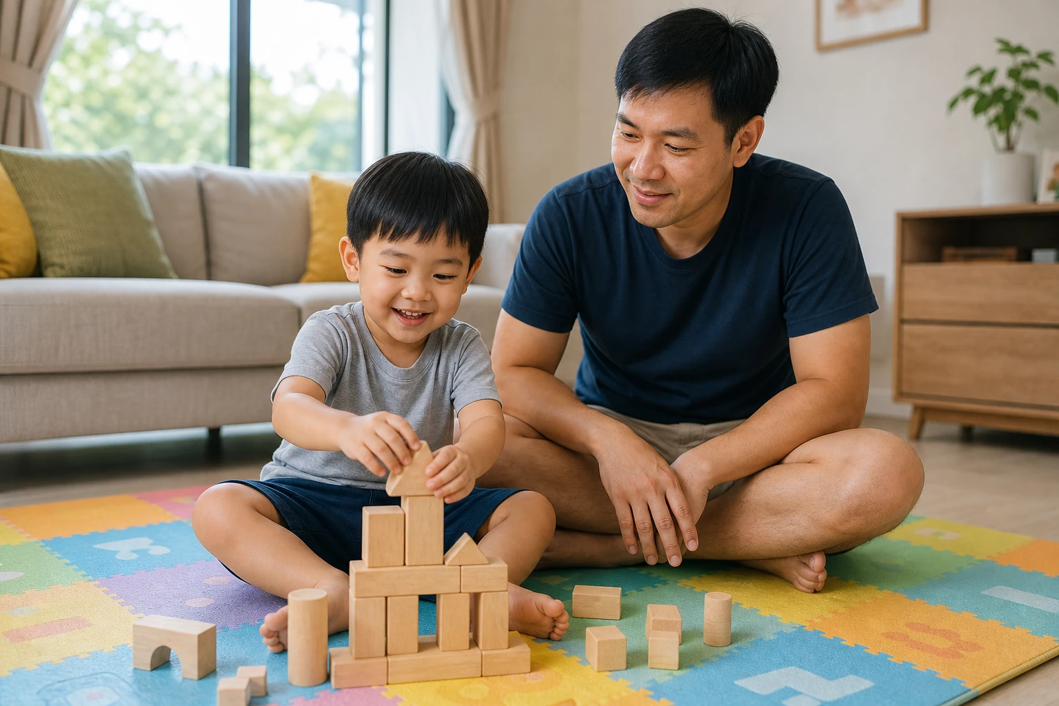 คุณพ่อกำลังนั่งดูแลลูกชายที่เล่นต่อบล็อกอยู่บนพื้นห้องนั่งเล่น