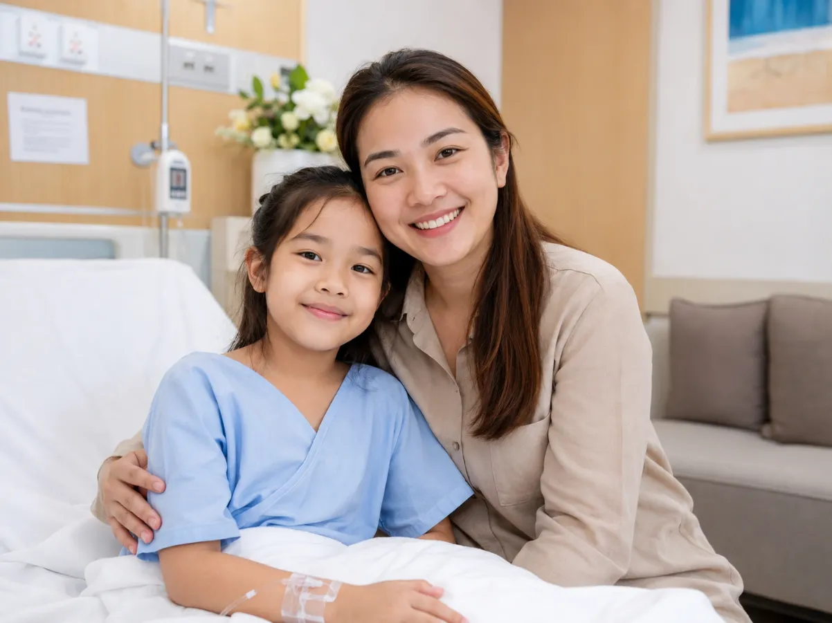คุณแม่กำลังประคองและให้กำลังใจลูกที่นอนพักอยู่บนเตียงในโรงพยาบาล